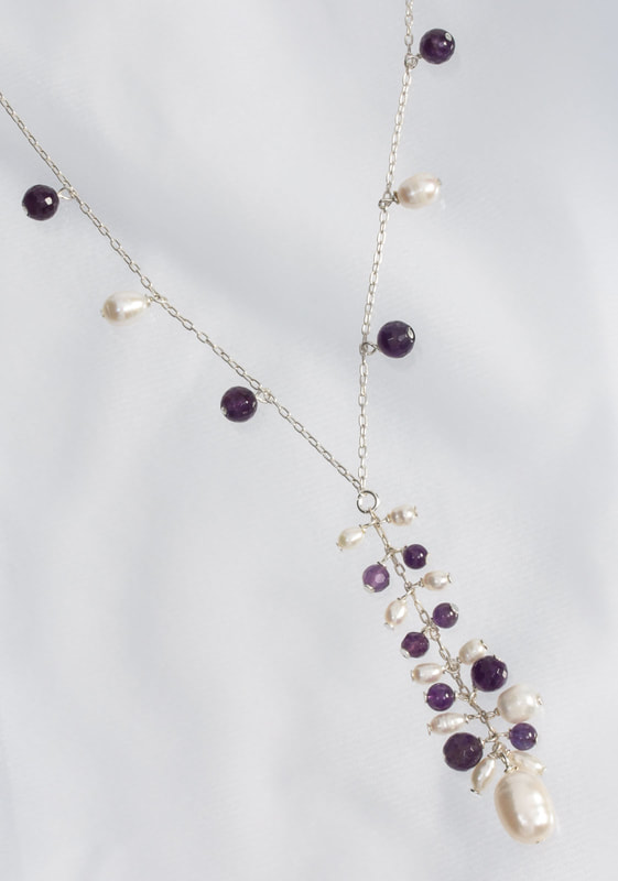 Jewelry Photography pearl, silver and precious stone necklace
